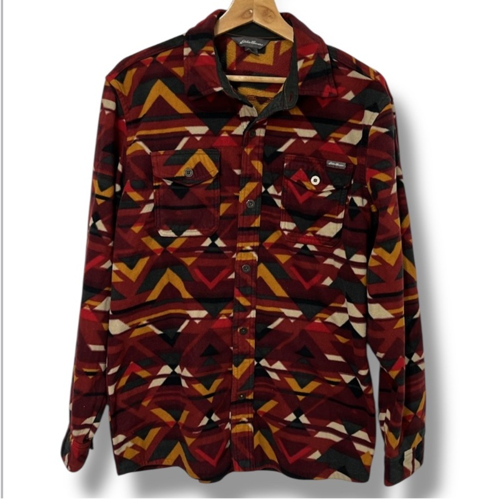 Eddie Bauer Aztec Print Button Up Fleece Shirt Men's Size M Hiking Outdoors Fall